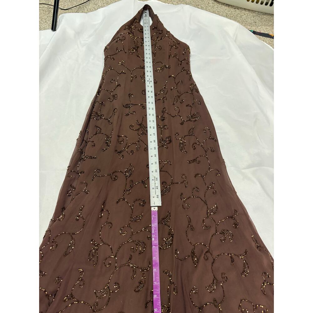 Cassandra Stone Brown 100% Silk Floral Beaded Halter Formal Prom Dress Womens 8 - Picture 10 of 11